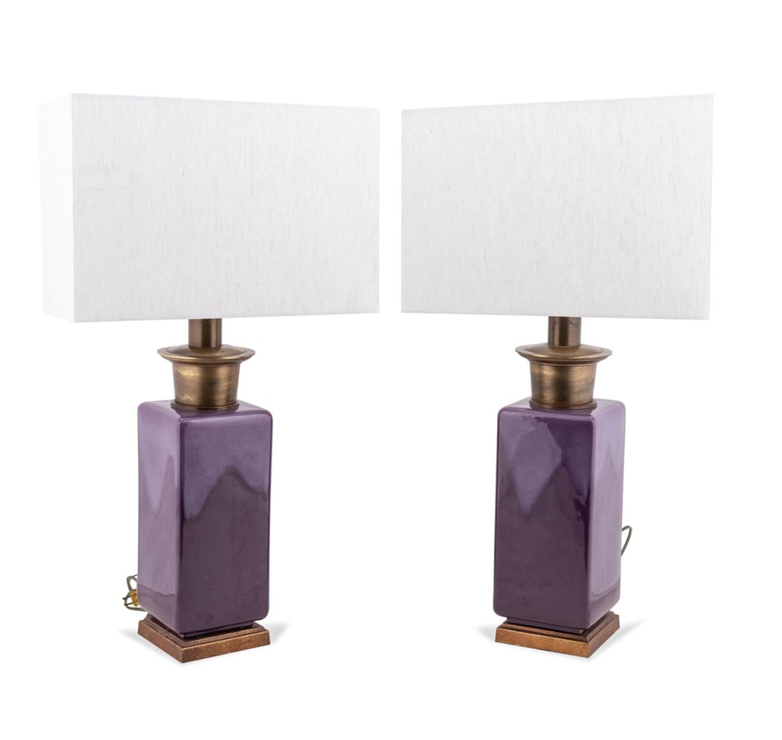PAIR OF ROYAL HAEGER PURPLE GLAZE LAMPS & SHADES (1 of 6)