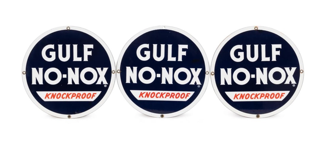 THREE GULF NO-NOX KNOCKPROOF PORCELAIN PUMP SIGNS (1 of 3)