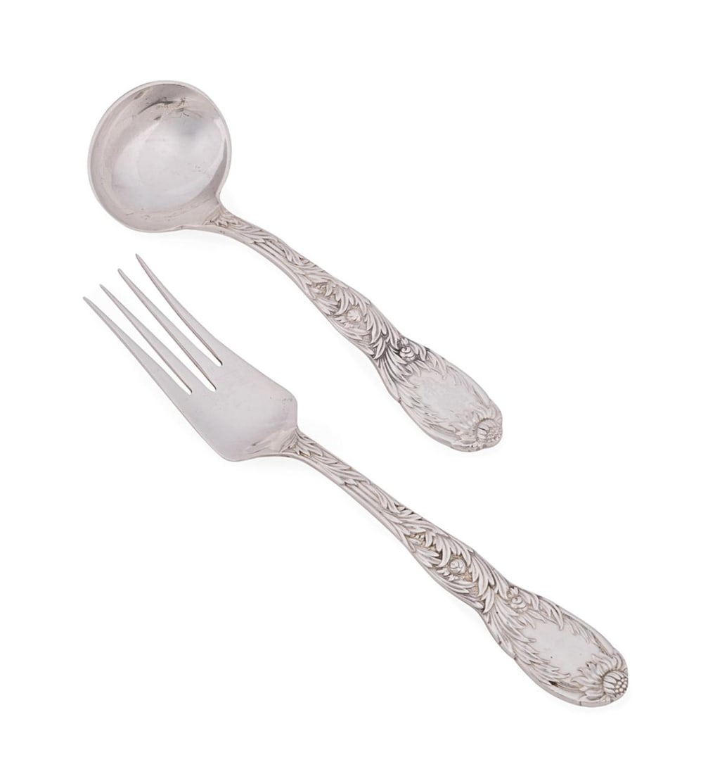 TIFFANY & CO. 'CHRYSANTHEMUM' MEAT FORK AND LADLE: Tiffany & Co. (American, founded 1837), marks used 1907-1947). Set of two "Chrysanthemum" (pattern designed by Charles Grosjean, active 1880-1934; reintroduced and active until 1955) sterling silver s