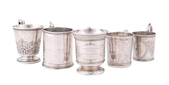 FIVE 19TH C. AMERICAN COIN SILVER MUGS