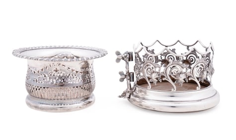 2 SILVERPLATE AND WOODEN WINE BOTTLE COASTERS