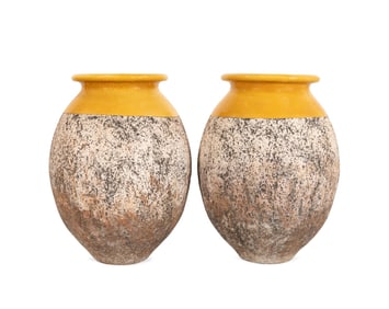 PAIR OF OVERSIZED YELLOW GLAZED BIOT OR OLIVE JARS