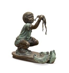 AM. SCHOOL BOY WITH BULL FROG BRONZE FOUNTAIN