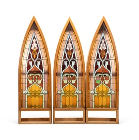 3 LARGE GOTHIC REVIVAL STAINED GLASS PANELS