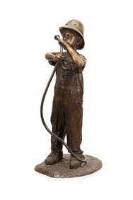 AM SCHOOL, BOY IN FIREMAN'S HAT BRONZE FOUNTAIN