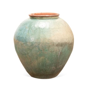 OVERSIZED MOTTLED TEAL GLAZED TERRA COTTA JAR