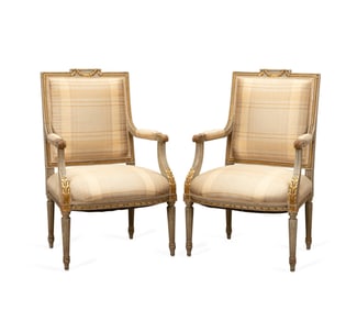 PAIR OF LOUIS XVI STYLE PARCEL GILT FAUTEUILS