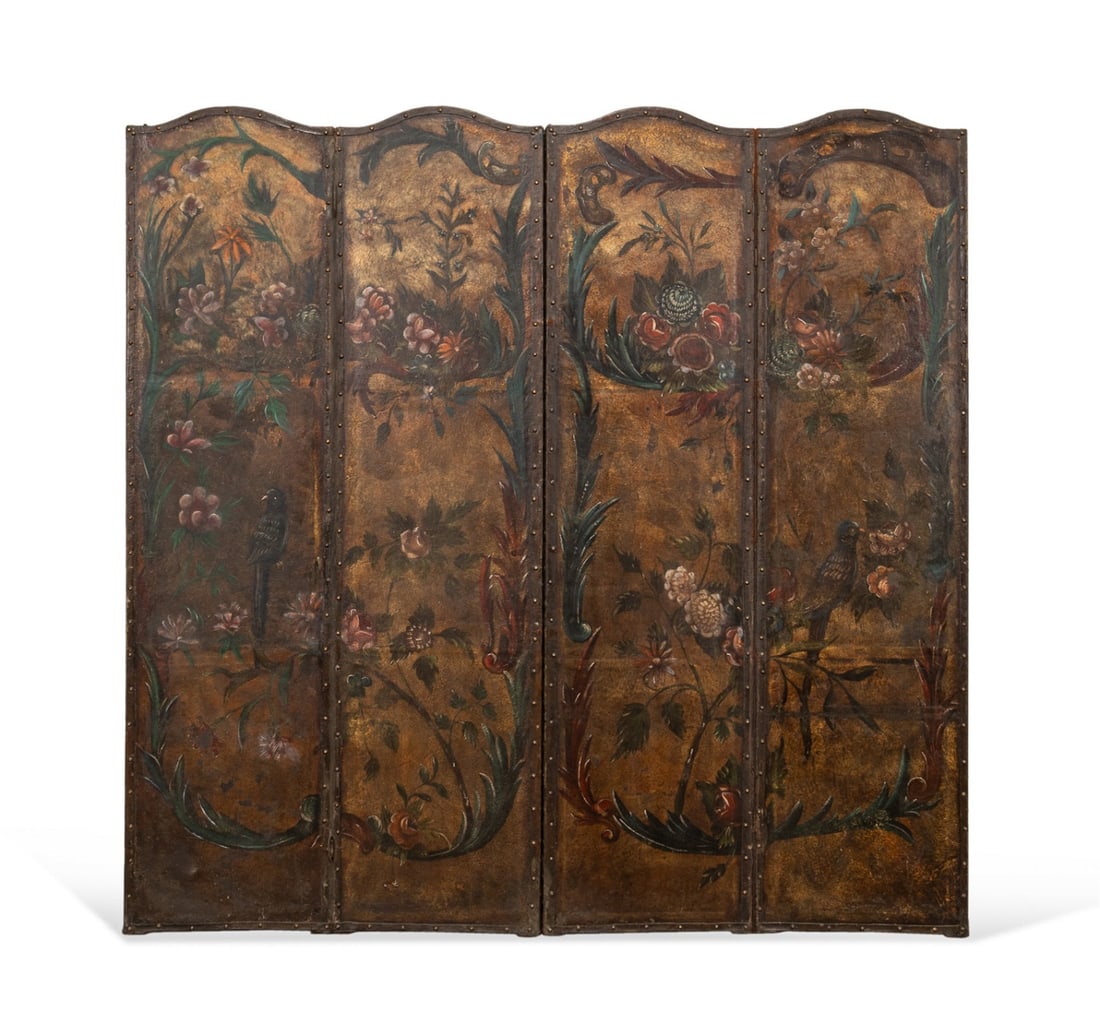 LEATHER FLORAL 4-PANEL FOLDING FLOOR SCREEN (1 of 4)