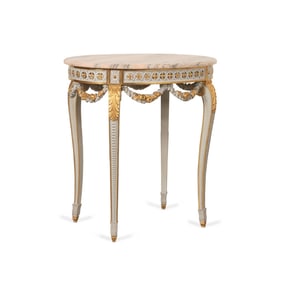 LOUIS XVI STYLE MARBLE TOP PARCEL GILT SALON TABLE