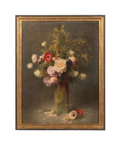 EDOUARD M. LANCON POPPY & ROSE STILL LIFE, OIL