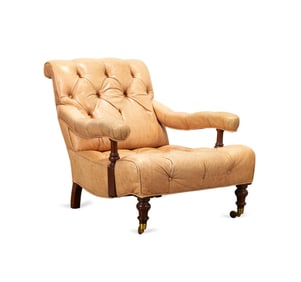 TUFTED LEATHER LIBRARY CHAIR, ATTRIB. TO BAKER