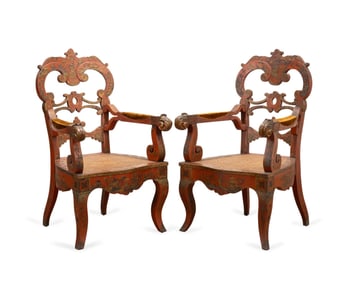 VENETIAN STYLE GILT & RED CHINOISERIE ARMCHAIRS