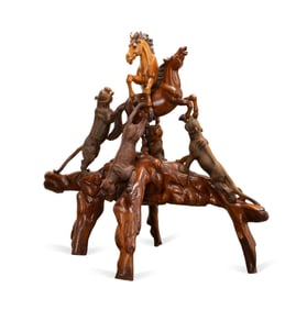 LARGE CARVED WOOODEN WESTERN SCENE SCULPTURE