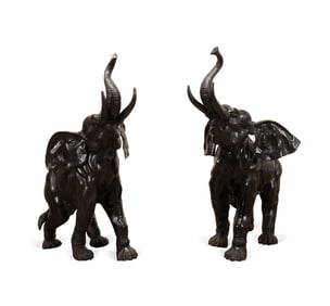 PAIR OF LARGE PATINATED BRONZE ELEPHANTS