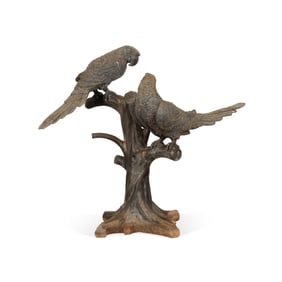 LARGE BRONZE MACAW PARROTS ON TREE SCULPTURE
