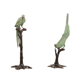 PAIR OF BRONZE MACAW PARROTS ON TREES SCULPTURES