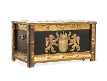BLACK & BRASS HERALDIC MOTIF KINDLING CHEST