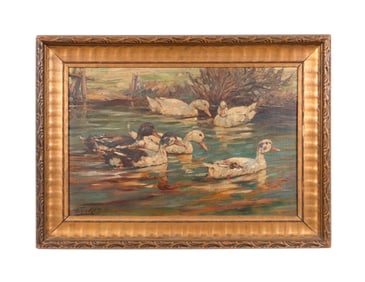 WILLY TIEDJEN 'ENTER FAMILIE!' SWIMMING DUCKS, OIL