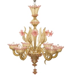 MURANO GLASS 6-LIGHT AMBER AND PINK CHANDELIER