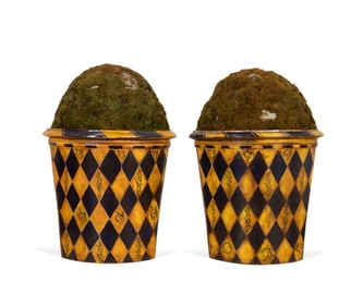 PAIR OF LARGE HARLEQUIN JARDINIERES WITH MOSS