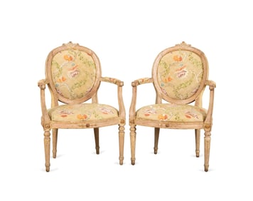 PAIR OF 19TH C. NEOCLASSICAL DISTRESSED ARMCHAIRS