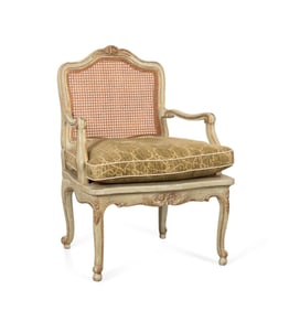 LOUIS XV STYLE PAINTED PARCEL GILT CANED FAUTEIL