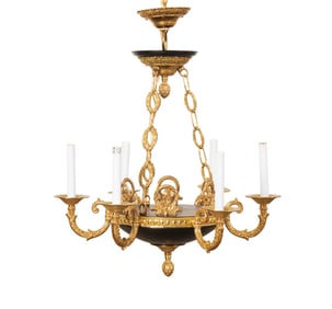EMPIRE STYLE 6-LIGHT BRASS AND TOLE CHANDELIER