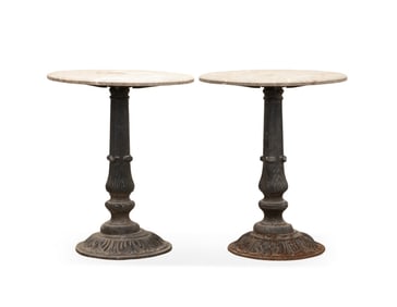 PAIR OF CAST IRON AND GRAY MARBLE BISTRO TABLES