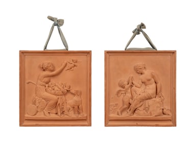 P. IPSEN TERRACOTTA PICTORIAL PLAQUES W/ CHERUBS