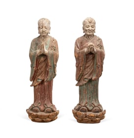 PAIR OF POLYCHROME WOOD LOHAN FIGURES MING DYNASTY