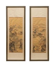 PAIR OF FRAMED CHINESE LANDSCAPE SCROLLS