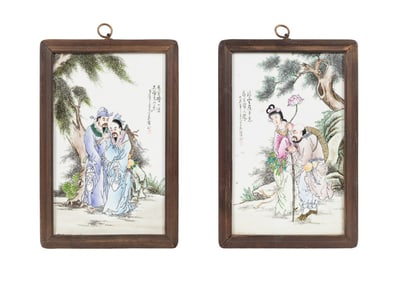 PAIR OF FRAMED CHINESE FIGURAL PORCELAIN PLAQUES