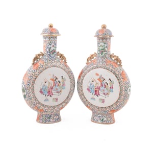 PAIR OF FAMILLE ROSE LIDDED MOON FLASKS
