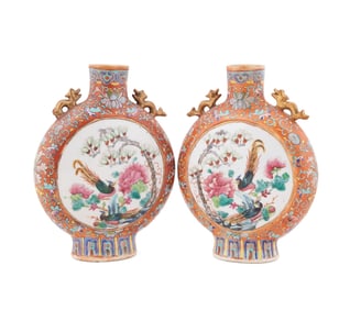 PAIR OF CHINESE WARRIOR MOTIF ORANGE MOON FLASKS