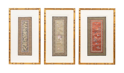 3 GILT FRAMED CHINESE EMBROIDERY PANELS