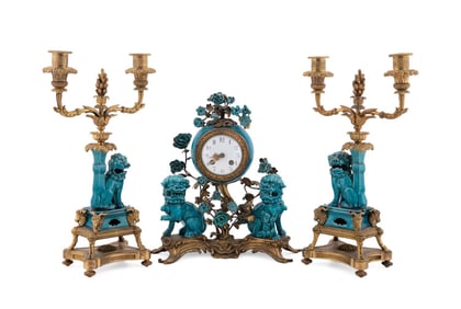 3 PIECE ORMOLU MOUNTED BUDDHIST LION GARNITURE SET