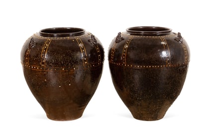 2 LARGE MARTABAN GLAZED POTTERY FROG MOTIF JARS