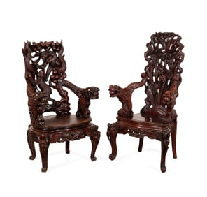 2 CARVED HARDWOOD JAPANESE ARMCHAIRS