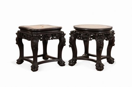 2 CHINESE PLANT STANDS WITH MARBLE TOP