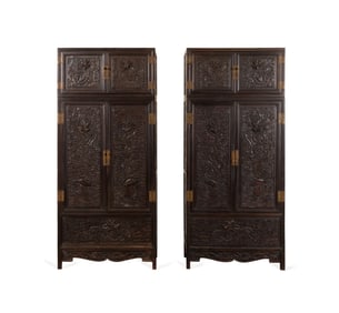 PAIR OF CHINESE HARDWOOD CABINETS WITH CHESTS