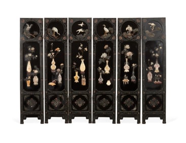 6 PANEL CHINESE FLOOR SCREEN WITH HARDSTONES