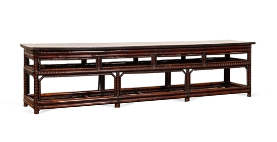 CHINOISERIE HARDWOOD AND RATTAN BENCH