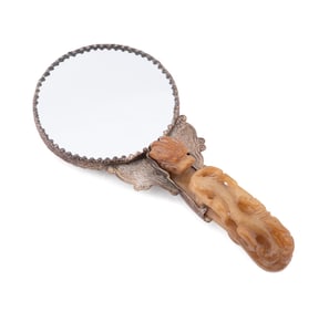 CHINESE HAND MIRROR WITH HARDSTONE HANDLE