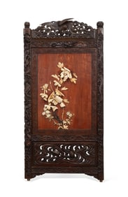 JAPANESE BONE INLAID CARVED WOOD PANEL SCREEN