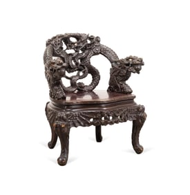 JAPANESE HEAVILY CARVED HARDWOOD DRAGON ARMCHAIR