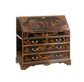 CHINOISERIE BLACK LACQUERED FALL FRONT SECRETARY