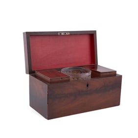 ENGLISH FLAME MAHOGANY TEA CADDY WITH BOWL