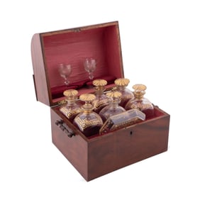GEORGE III MAHOGANY LIQUOR CASE AND DECANTERS