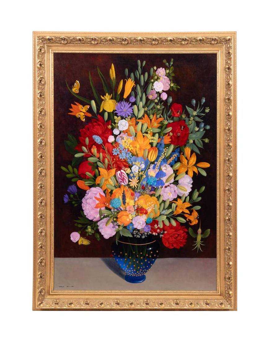 CHARLES JAY, FLOWERS IN GLASS VASE, 1986 OIL