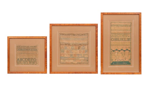 THREE 19TH C. NEEDLEPOINT SAMPLERS, MAPLE FRAMES